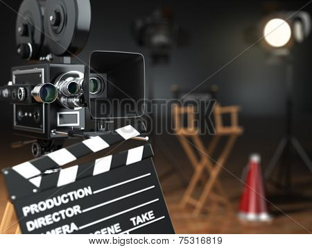 Video, movie, cinema concept. Retro camera, flash, clapperboard and director's chair in dark studio with dof effect. 3d