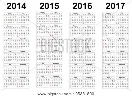 Set of square european 2014, 2015, 2016, 2017 year vector calendars.