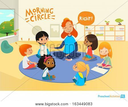 Laughing redhead teacher asks children questions and encourage them during morning lesson in preschool classroom. Pre-primary school education concept. Vector illustration for poster, advertisement.