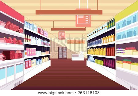 Grocery Supermarket Interior With Full Product Shelves. Retail And Consumerism Vector Concept. Illus