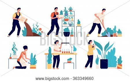 People Planting. Woman Working On Ground. Cartoon Harvesting, Person Gardening Hobby. Flat Agricultu