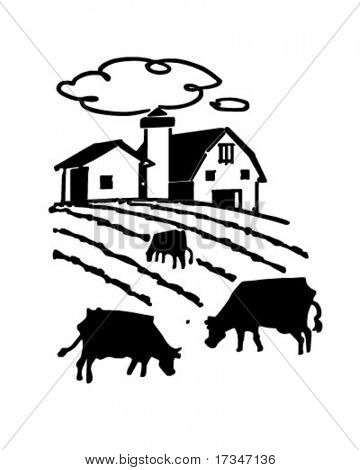 Cows Grazing On Farm - Retro Clipart Illustration