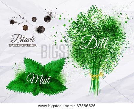 Spices herbs watercolor black pepper, mint, dill