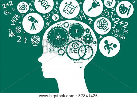 The concept of modern education. 
Template with silhouette of the child head with gears surrounded by science and education icons.