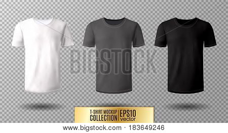 Shirt mock up set. T-shirt template. Black, gray and white version, front design.