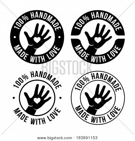 Set of handmade emblem badges labels and logo elements retro symbols for local shop company or handmade artist. Sign with hand. 100 percent handmade. Made with love. Vector illustration