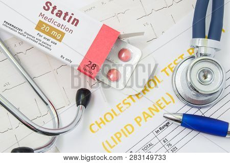 Effects And Treatment Of Statins Concept Photo. Open Packaging With Drugs Tablets, On Which Is Writt