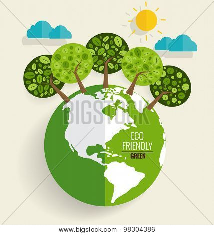 ECO FRIENDLY. Ecology concept with Green Eco Earth and Trees. Vector illustration.