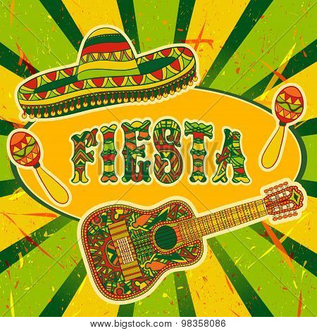 Mexican Fiesta Party Invitation with maracas, sombrero and guitar. Hand drawn vector illustration po