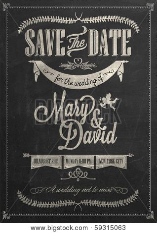 Save The Date Wedding invitation Card On Blackboard With Chalk