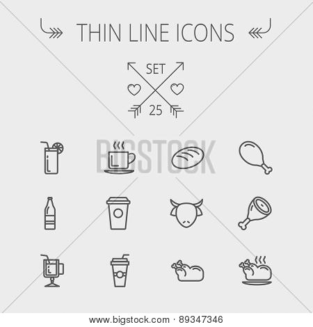 Food and drink thin line icon set for web and mobile. Set includes- coffee, soda, lime, juice, bread, poprk meat, chicken, cow, fried chicken icons. Modern minimalistic flat design. Vector dark grey