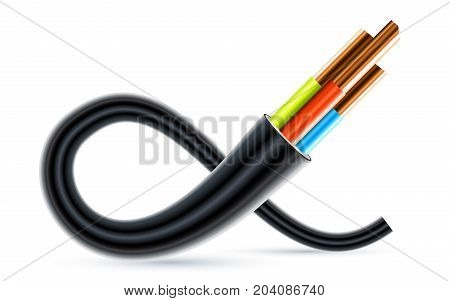 Flexible Three-wire electrical cable isolated on white background. Copper multicore cable in color insulation. Close-up of the cross section. Curved power wire. Vector illustration