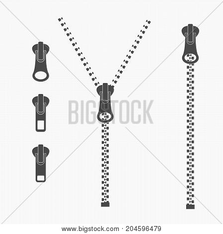 Vector icon closed and open zipper,	
fastener. Set of zipper. Metal zip - Vector illustration.