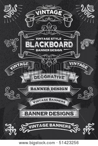 Hand drawn blackboard banner vector illustration with texture added. Chalkboard ribbon and banner design set for menus, greeting cards and festive occasions.