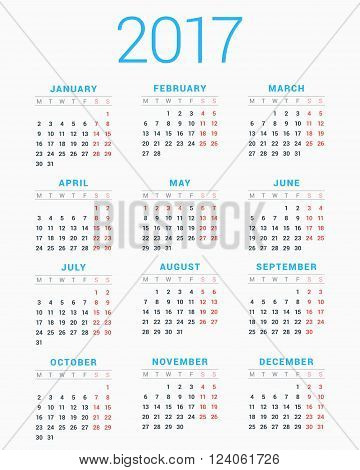 Calendar For 2017 Year On White Background. Week Starts Monday. Simple Vector Template. Stationery D