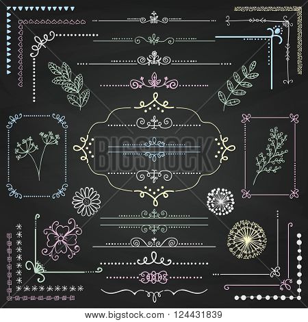 Decorative Sketched Rustic Floral Doodle Corners, Branches, Frames, Dividers, Text Frames, Border Lines, Page Calligraphic Design Elements on Chalk Board Texture. Chalk Drawing Vector Illustration.