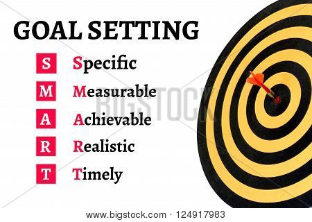 Words goal setting and smart with dart target on bullseye of dartboard Goal target success business investment financial strategy concept abstract background