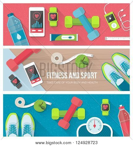 Fitness physical exercise weight loss and technology banners set with sports equipment weight scale smartphone and watch