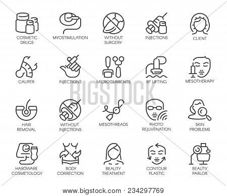 Set Of 20 Icons On Cosmetology Theme. Labels Isolated. Beauty Therapy, Medicine, Healthcare, Wellnes