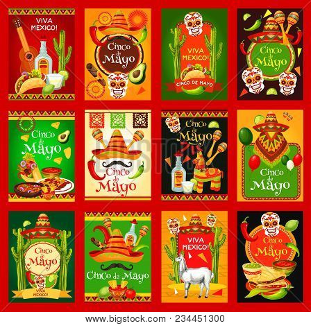 Cinco De Mayo Mexican Holiday Fiesta Celebration Posters. Vector Mexico Flag, Sombrero And Poncho On