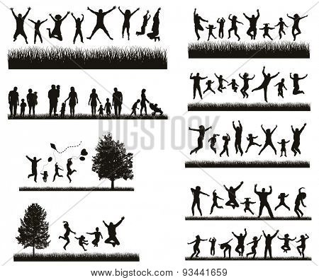 Happy Family . Conceptual background. Set of Men's, Women's and Children Silhouettes. 
Active People on the Party and Nature.