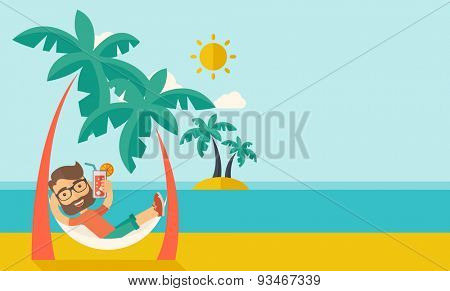 A young caucasian on the beach relaxing and drinking cocktail under the heat of the sun with two coconut tree. A contemporary style with pastel palette blue tinted background with desaturated clouds