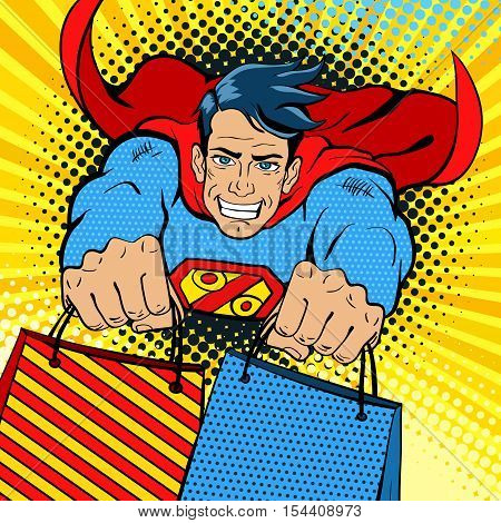 Pop art superman. Young handsome happy man in a superhero costume with a percent sign on the chest flies with shopping bags. Vector illustration in retro pop art comic style.