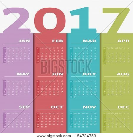 Calendar for 2017. Colorful vector. Calendar 2017 Set of 12 Months. illustration Vector template of color 2017 calendar.