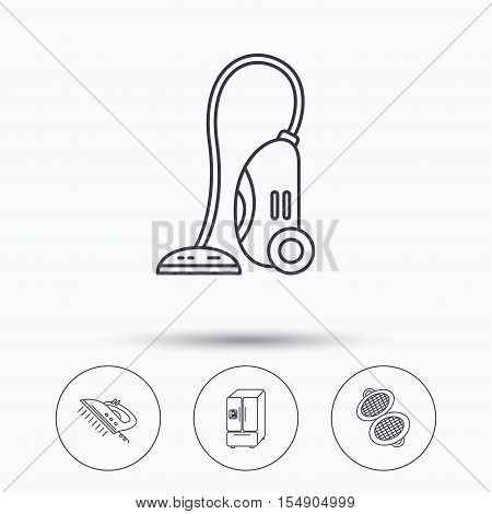 Vacuum cleaner, steam ironing and waffle-iron icons. American style fridge linear sign. Linear icons in circle buttons. Flat web symbols. Vector