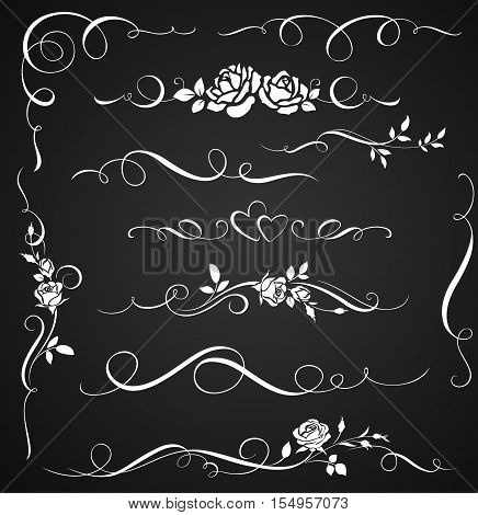 Decorative ornaments with roses. Set of floral calligraphic elements for wedding invitations.