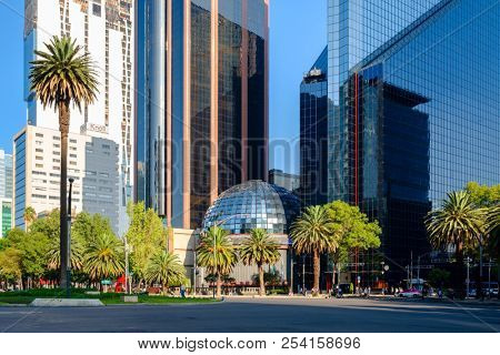 MEXICO CITY,MEXICO - JULY 18,2018 : The Stock Exchange and a view of Paseo de la Reforma in Mexico City