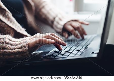 Woman Working On Laptop From Home. Busy People Lifestyle. Woman Typing On Laptop Computer. Work From