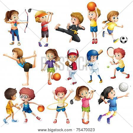 Kids playing various sports on white