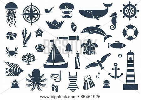 Flat icons with sea creatures and symbols.