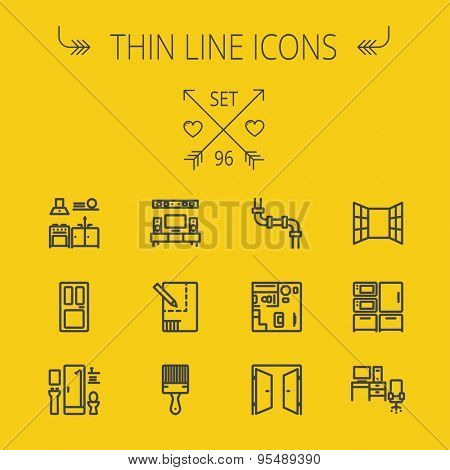 Construction thin line icon set for web and mobile. Set includes- pipeline, structure, door, window, appliances, furnitures, interiors, paintbrush. Modern minimalistic flat design. Vector dark grey