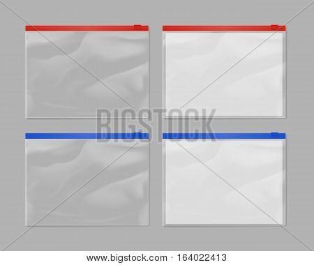 Realistic plastic zipper bag mock up set isolated on grey background. Vector zipper bag illustration. Blank red and blue 3d model empty sealed plastic zipper bag , transparent container. Zipper bag tamplate. Blank plastic zipper bag layout.