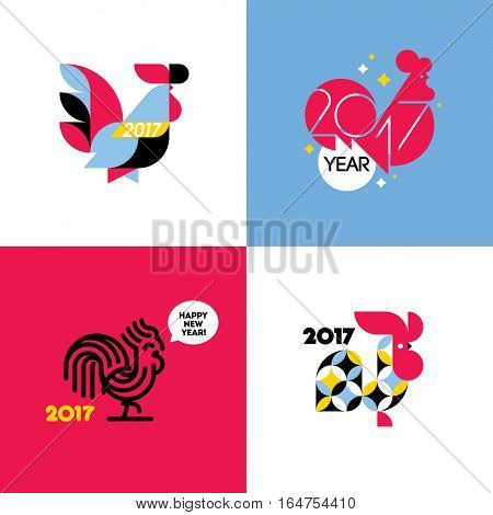 New Year design with silhouette of rooster. Set of modern flat style vector illustrations of cock as symbol of 2017 year on the Chinese calendar. Collection of beautiful roosters