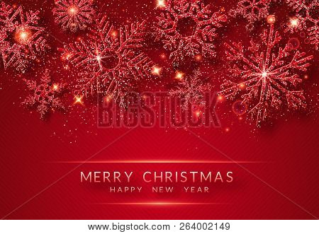 Christmas Background With Shining Golden Snowflakes And Snow. Merry Christmas Card Illustration On R