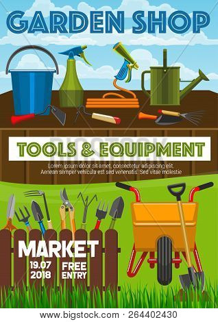 Garden Shop Poster, Farming And Gardening Tools Market Announcement. Vector Gardener Wheelbarrow, Pr