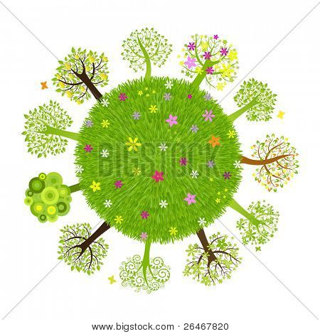 Eco Planet With Tree, Isolated On Black Background, Vector Illustration