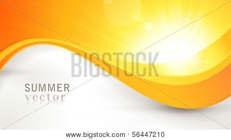 Summer background with a magnificent vector sun burst with lens flare and wavy lines pattern in bright orange and yellow colors.