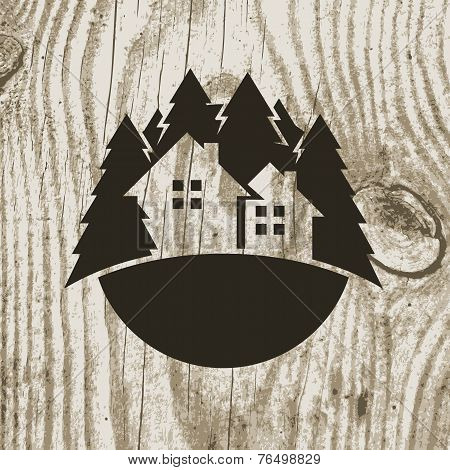 Vintage Styled Eco House Badge With Tree On Wooden Texture Background. Vector Logo Design Template