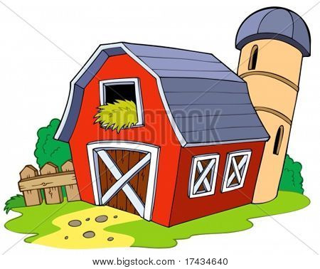 Cartoon red barn - vector illustration.