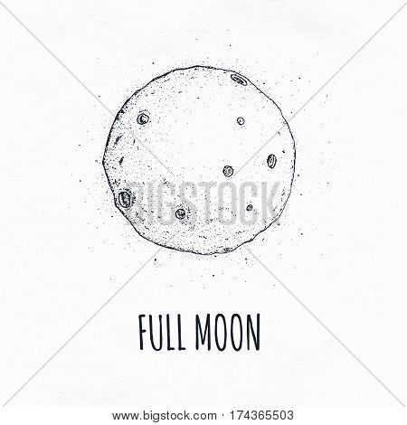 Logo hand drawn vector illustration on white background. Full moon in outer space with lunar craters.