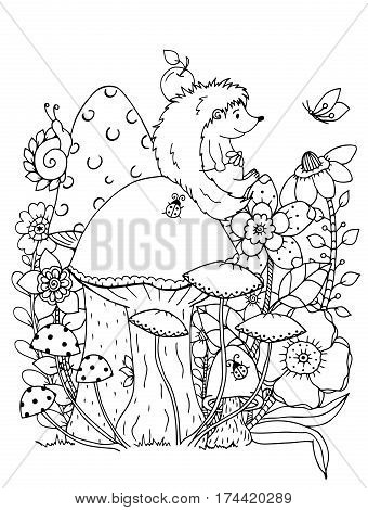 Vector illustration zentangl. Doodle hedgehog Coloring page Anti stress for adults. Black and white.