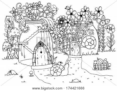 Vector illustration zentangl, Snail and the house. Doodle drawing pen. Coloring page for adult anti-stress. Black and white.