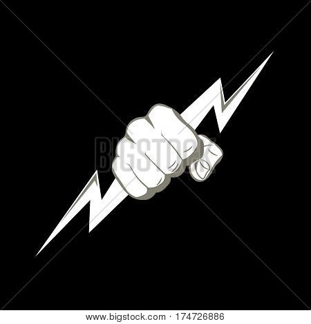 The fist squeezing a lightning. The vector illustration symbolizing force the power. A logo a sign for the power companies fight club. Design element. Vector illustration.