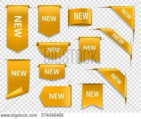 Golden Ribbons, Banners And Labels. Web New Goods Golden Vector Banners, Realistic Glossy Gold Label