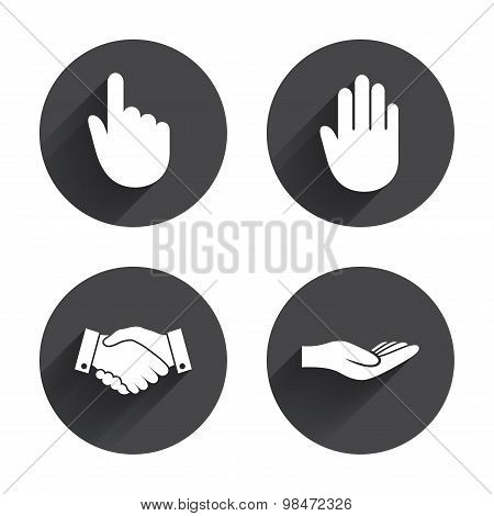 Hand icons. Handshake and click here symbols.