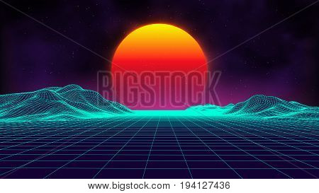 Retro background futuristic landscape 1980s style. Digital retro landscape cyber surface. Retro music album cover template : sun, space, mountains . 80s Retro Sci-Fi Background Summer Landscape.